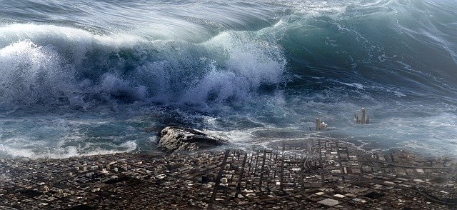 tsunami valící se na pobřeží